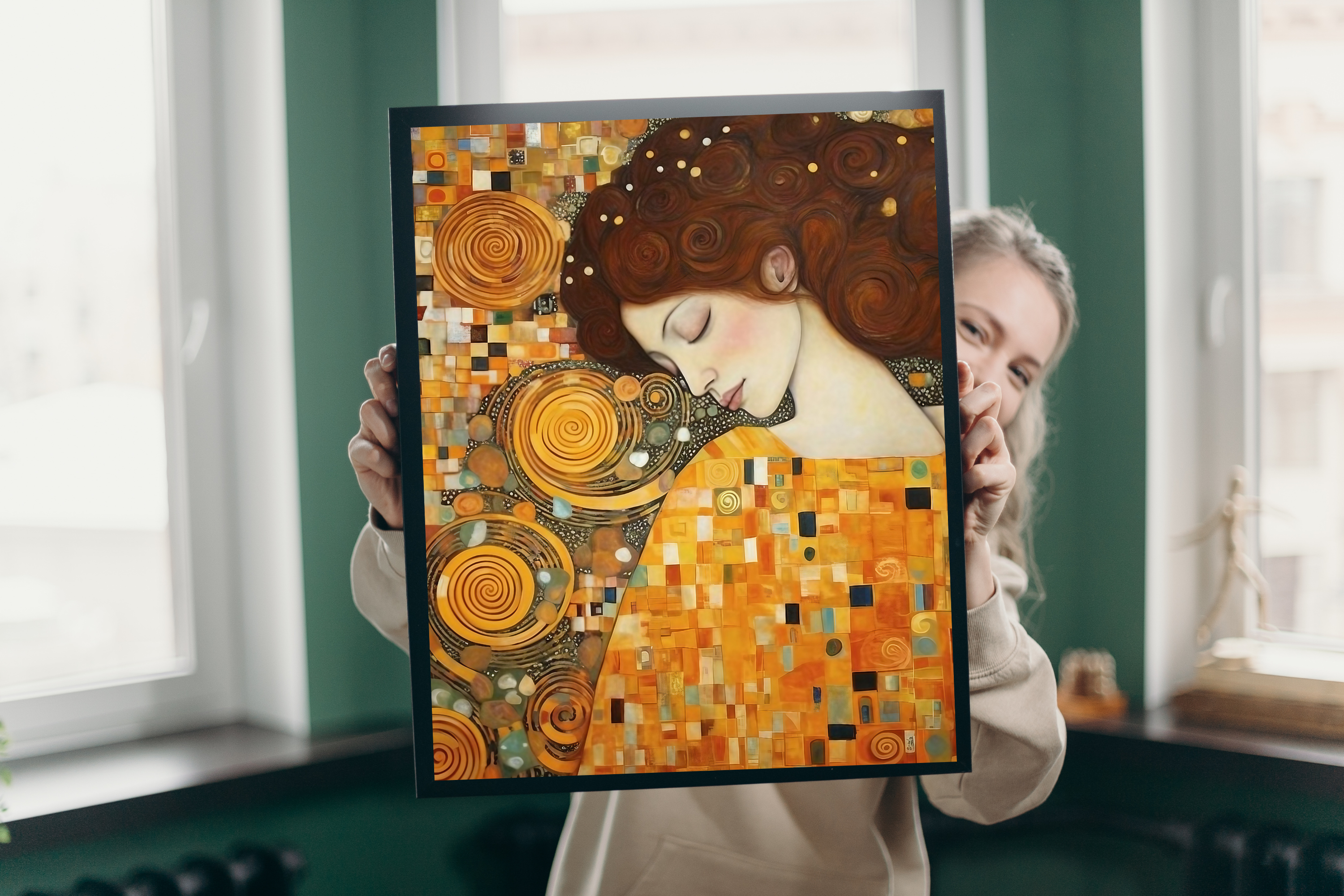 Detail view showing the vibrant golden mosaic squares and intricate spiral motifs of the canvas