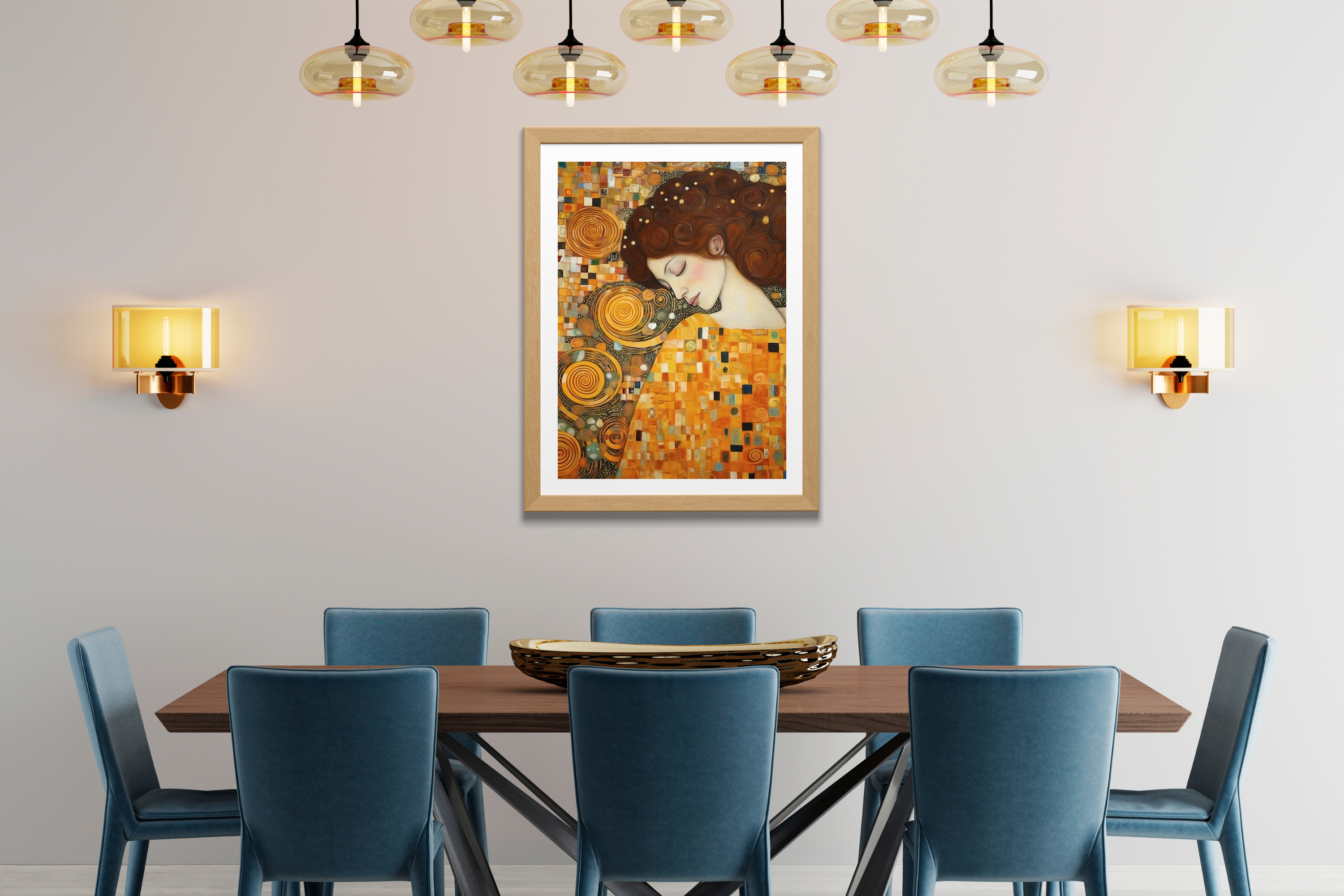 Opulent geometric pattern female portrait art displayed in an elegant dining space