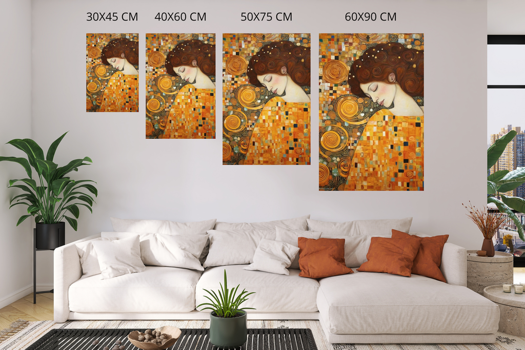 Large Art Nouveau golden mosaic portrait styling a sophisticated vintage living room