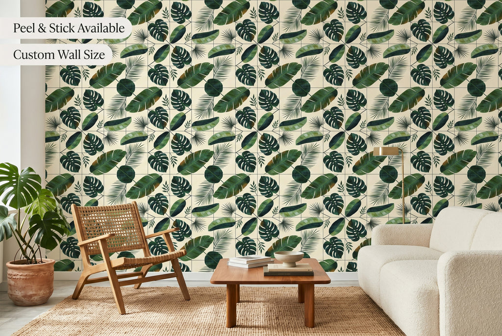 Tropical monstera and palm leaf botanical peel and stick wallpaper in a modern living room