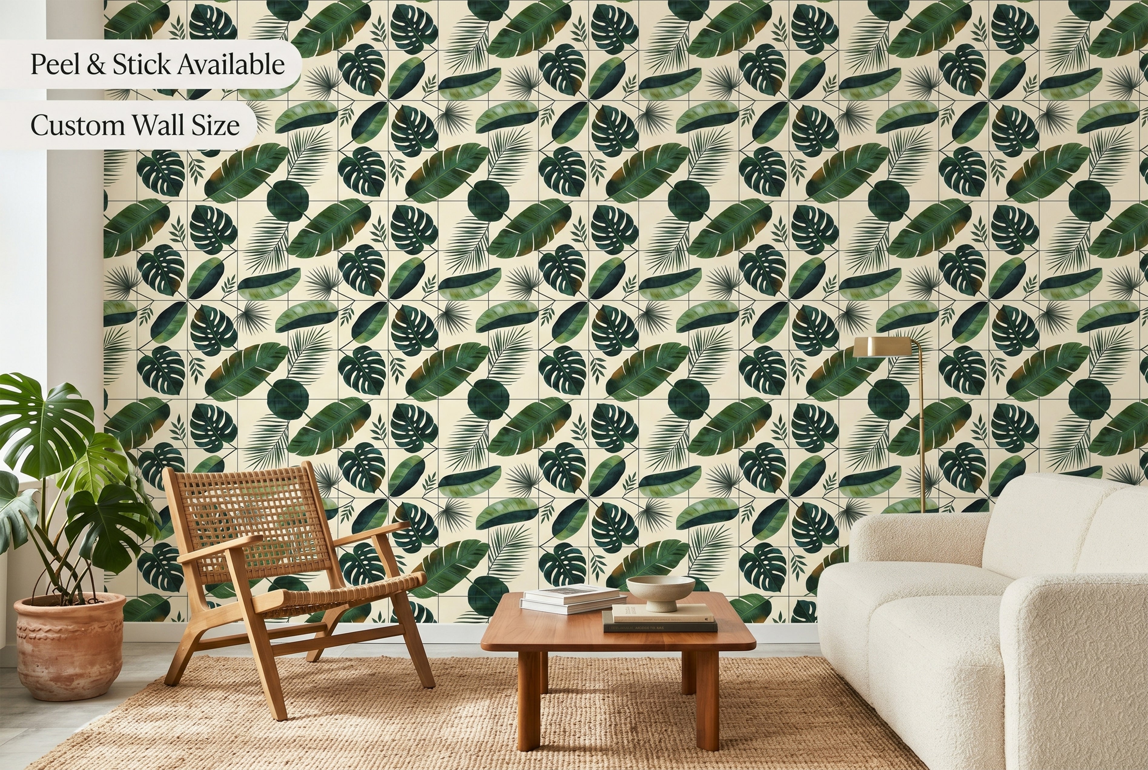 Tropical monstera and palm leaf botanical peel and stick wallpaper in a modern living room
