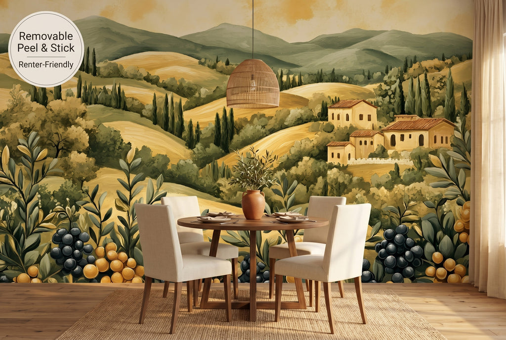 Tuscan landscape peel and stick wall mural in a warm elegant dining room with Mediterranean golden tones