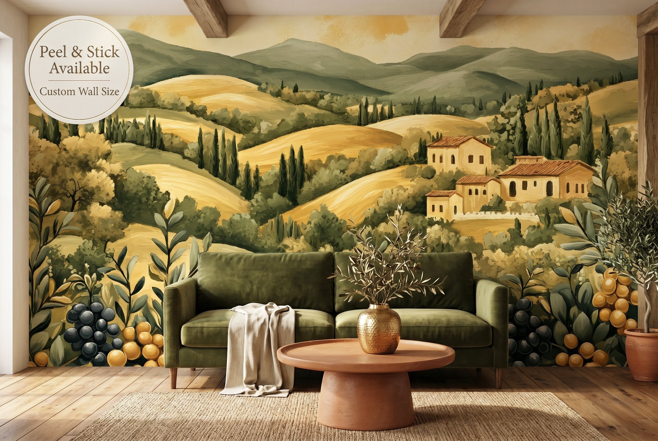 Tuscan landscape wall mural in a warm Mediterranean living room with golden olive grove and cypress trees