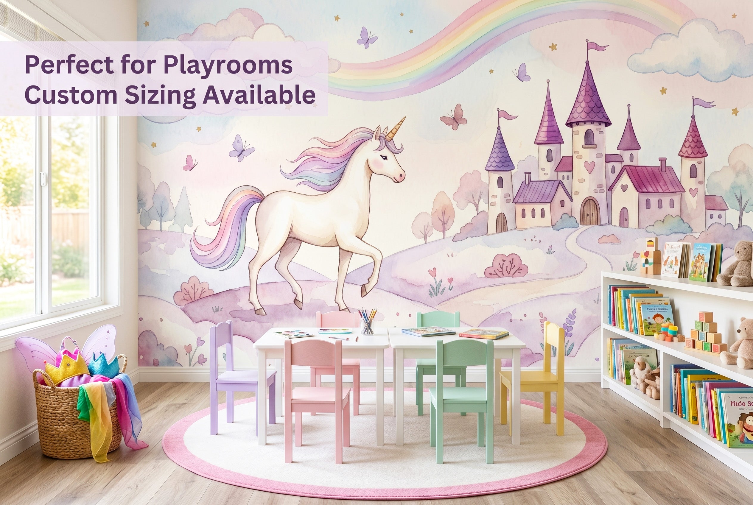 Unicorn rainbow castle wall mural as the full back wall of a bright shared girls playroom — the panoramic watercolour fairy tale scene with white unicorn and purple castle above two small white play tables, a round white rug and a low bookshelf with picture books.