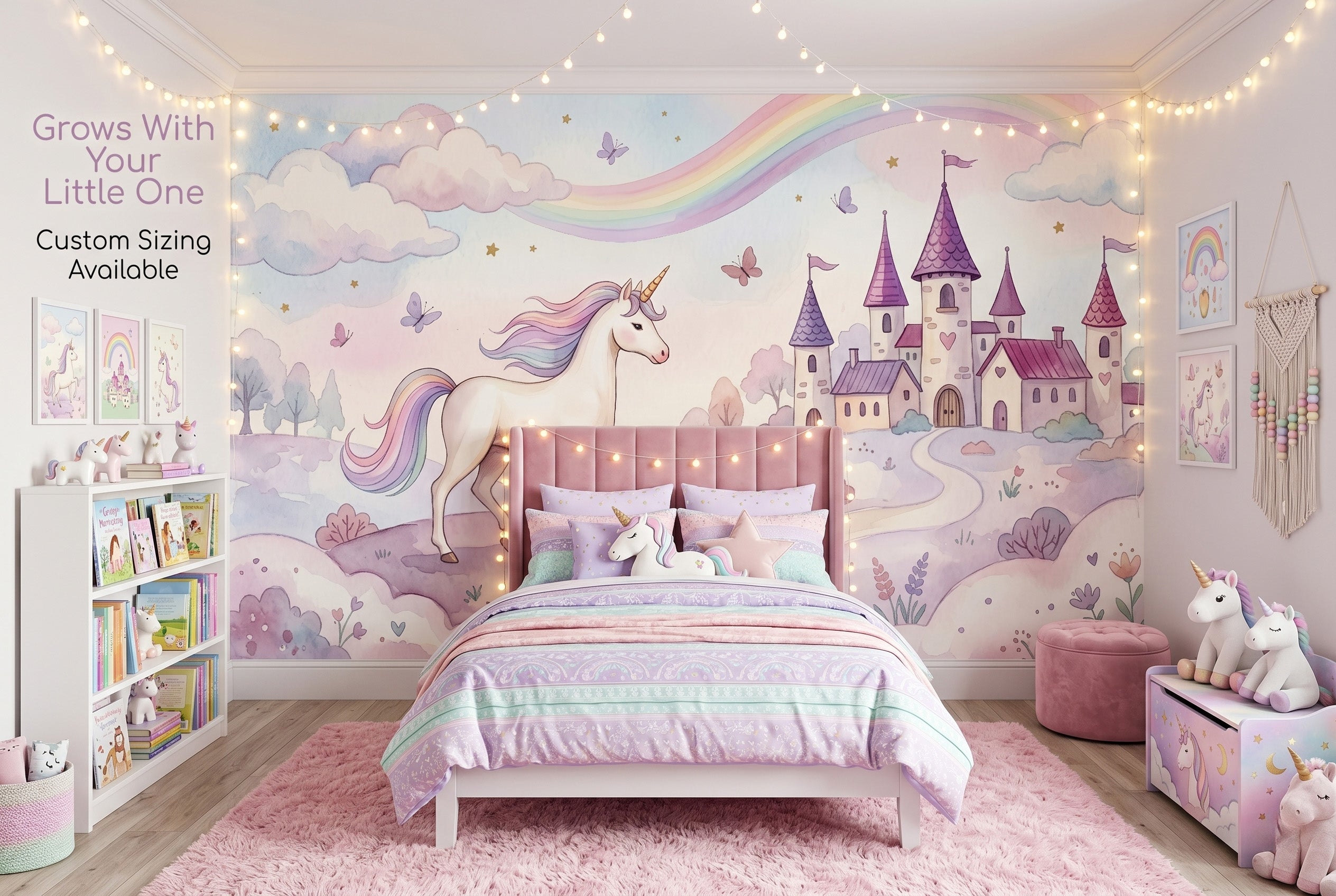 Unicorn rainbow wall mural spanning the full feature wall of a magical toddler girl's princess bedroom — the panoramic watercolour fairy tale scene with white unicorn, purple castle and pastel rainbow behind a low white toddler bed with a ruffled blush canopy.
