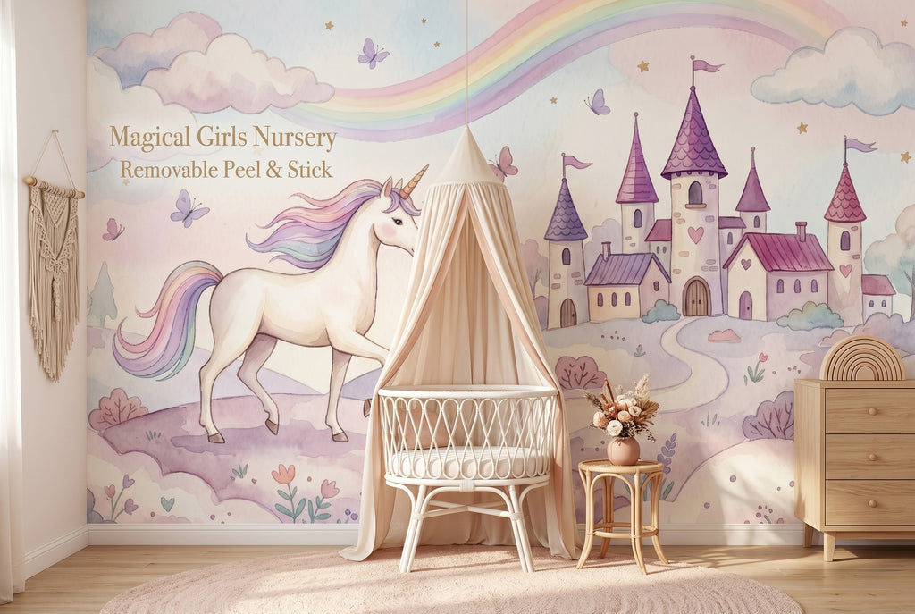 Unicorn wall mural with rainbow and enchanted castle as the full feature wall in a warm boho girls nursery — panoramic watercolour fairy tale scene behind a round white rattan crib with cream canopy, macramé wall hanging and blush accents.