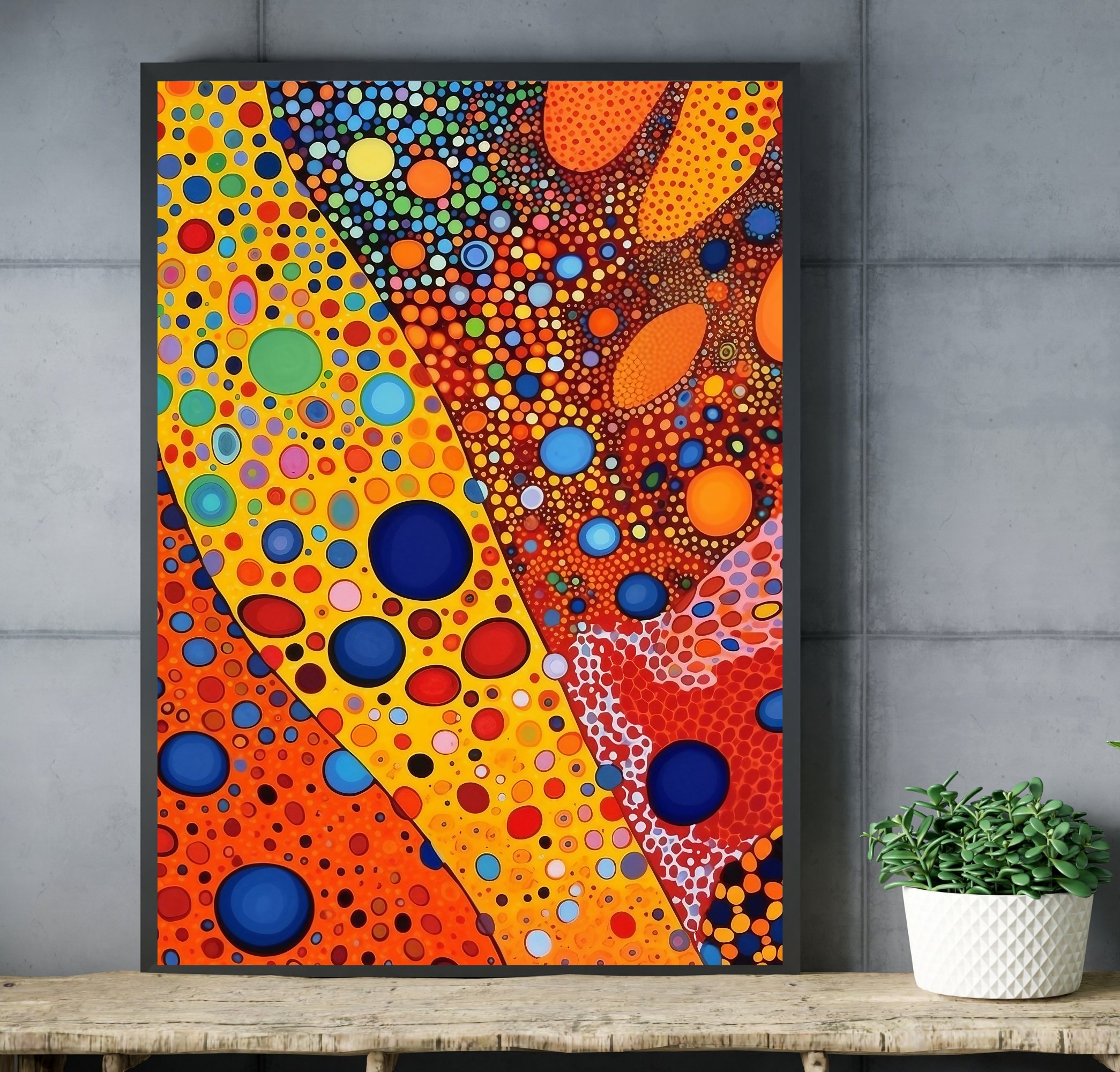 Colorful pointillist geometric wall decor displayed above a modern desk