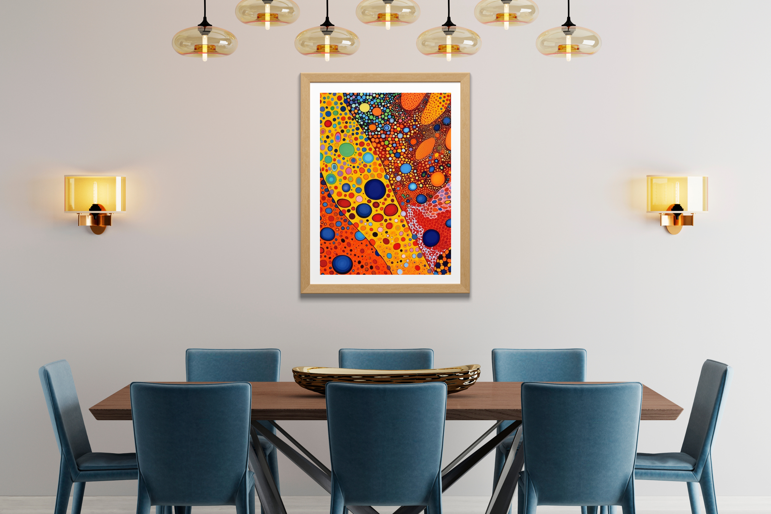 Detail view showing the highly saturated blue, red, and yellow dots of the abstract canvas