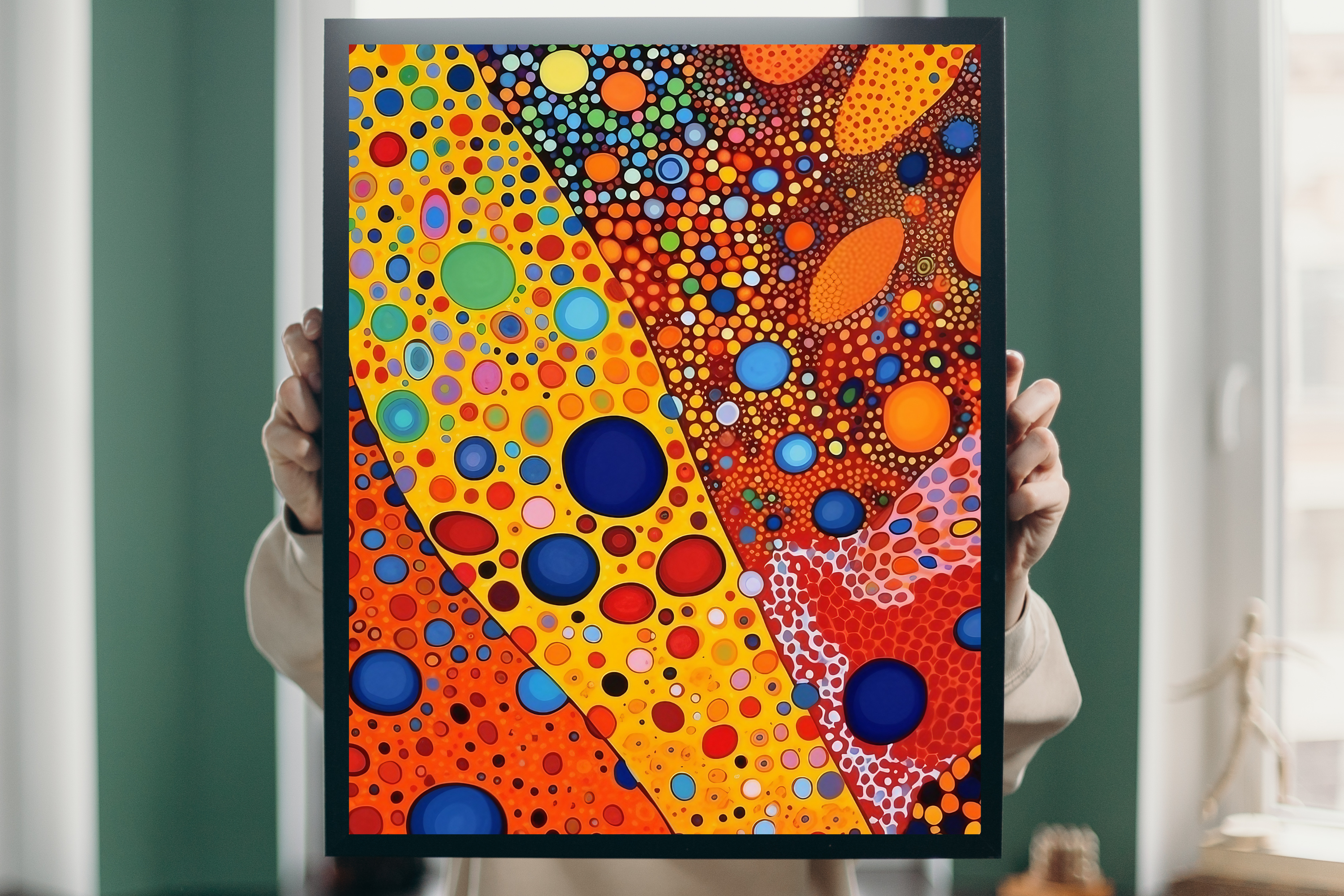 Maximalist colorful abstract art print welcoming guests in a chic modern entryway