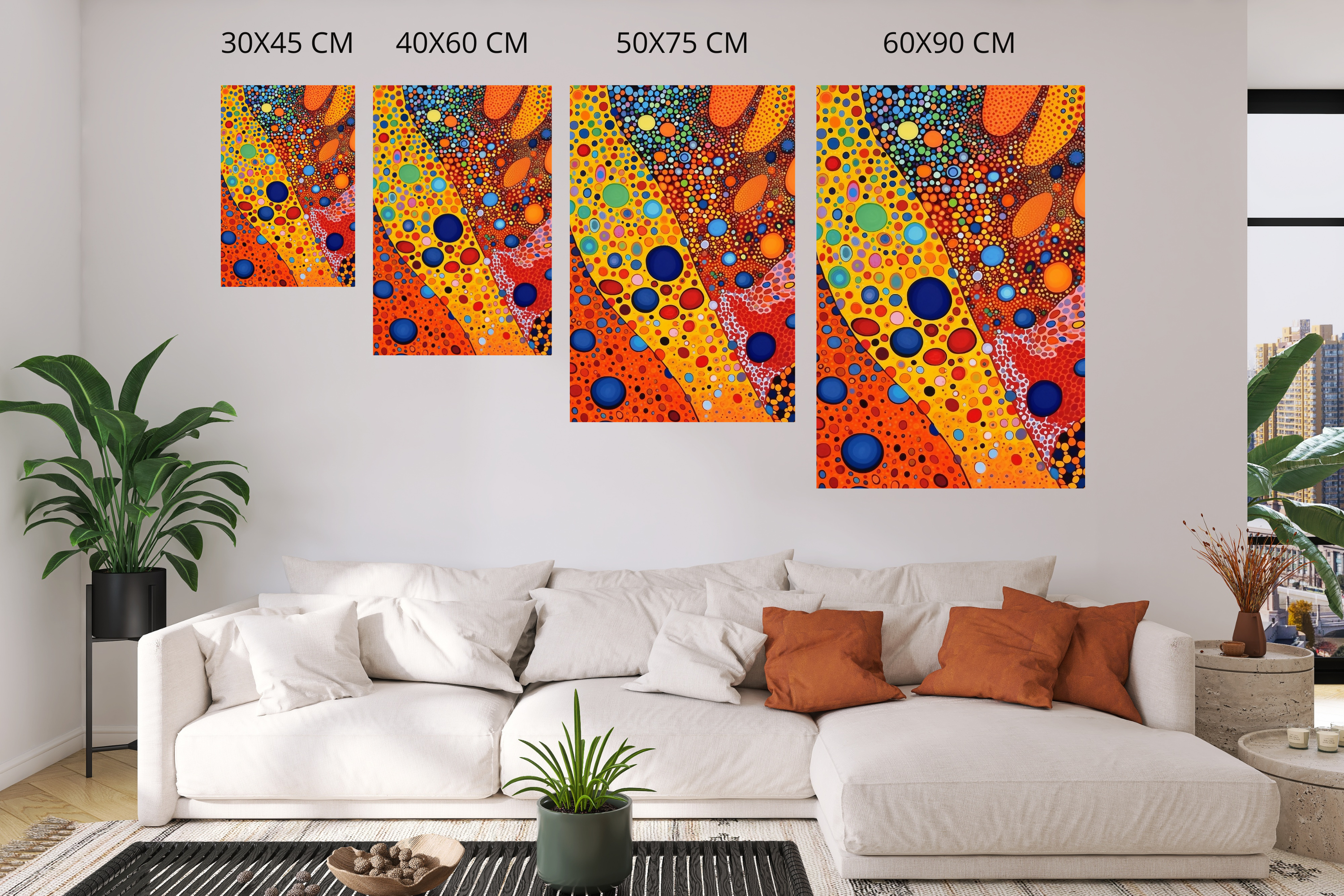 Vibrant abstract dot art canvas print hanging over a stylish sofa in a modern living room