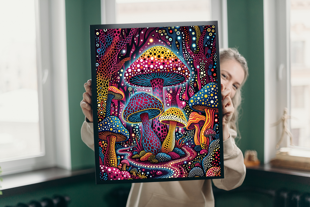 Trippy neon mushroom art adding mind-bending energy to a cool gaming room