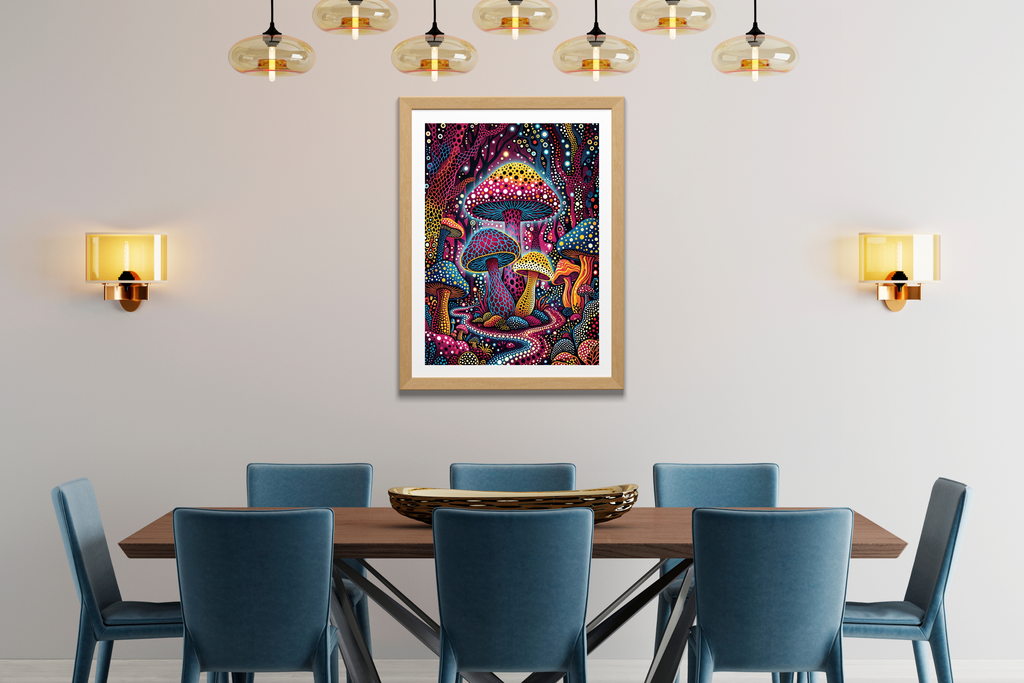Visionary psychedelic art print inspiring creativity in a colorful modern workspace
