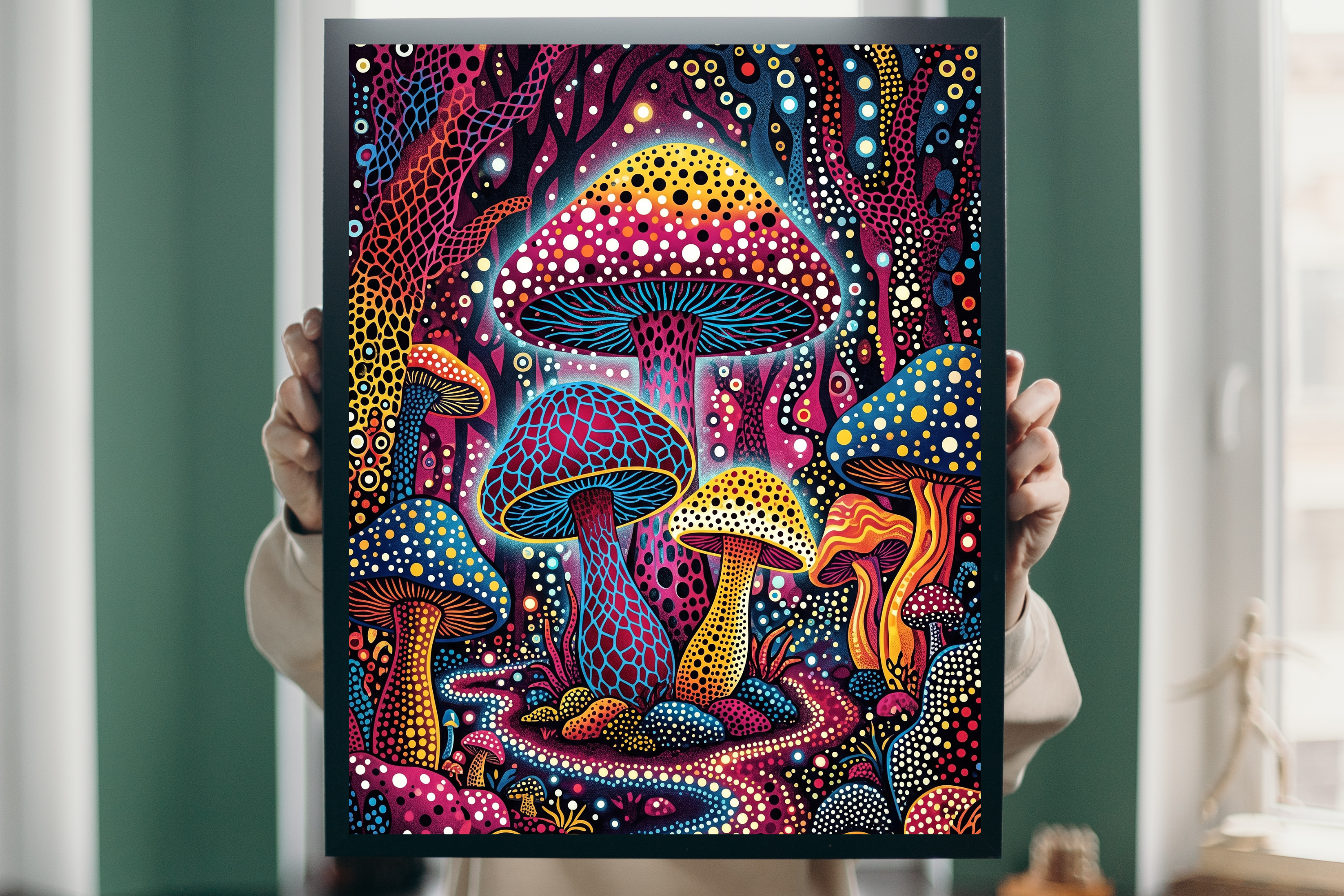 Detail view showing the intricate dotted patterns and glowing magenta and cyan colors of the mushrooms