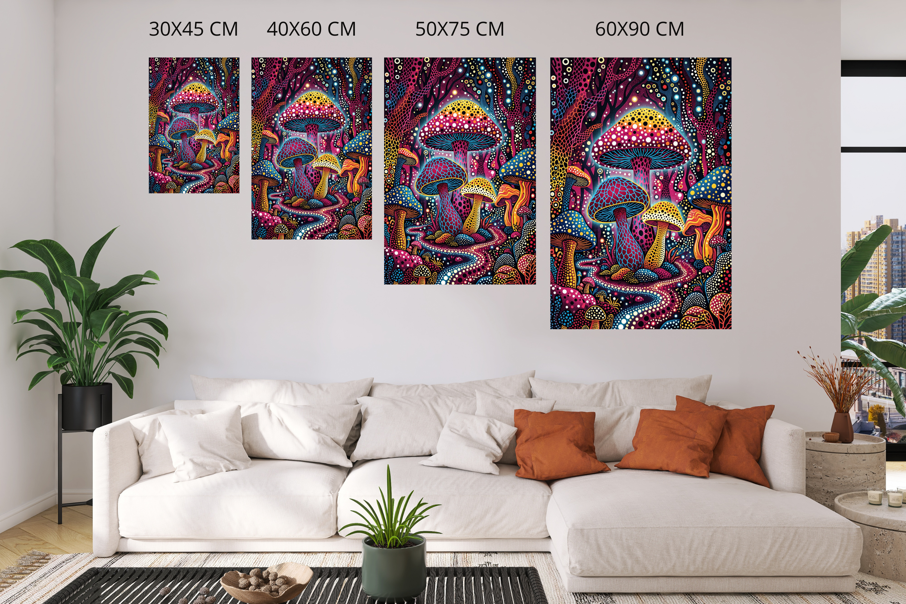 Neon psychedelic mushroom canvas print displayed in a bold maximalist living room