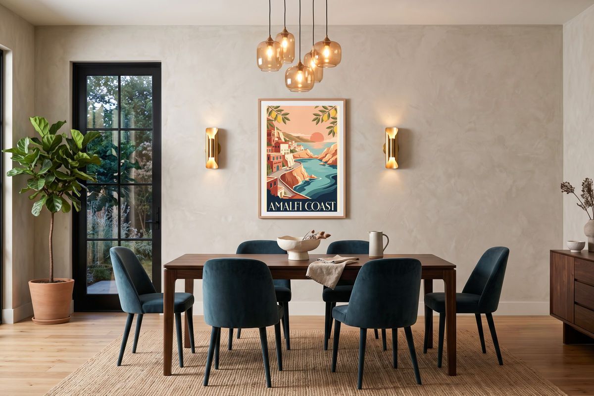 Retro Italian Riviera wall decor with lemon branches displayed in a warm Mediterranean dining space