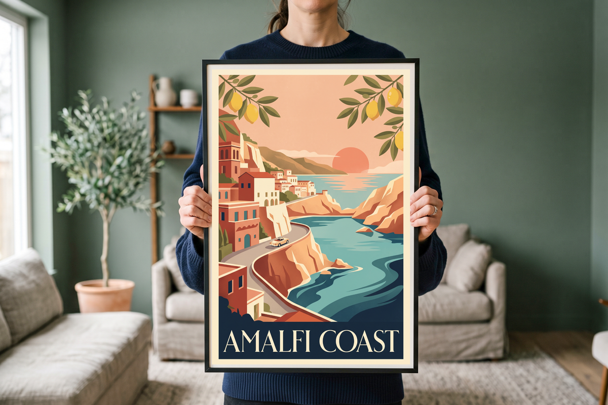 Detail view showing the classic typography, retro sun, and flat vector graphic style of the Italian travel poster