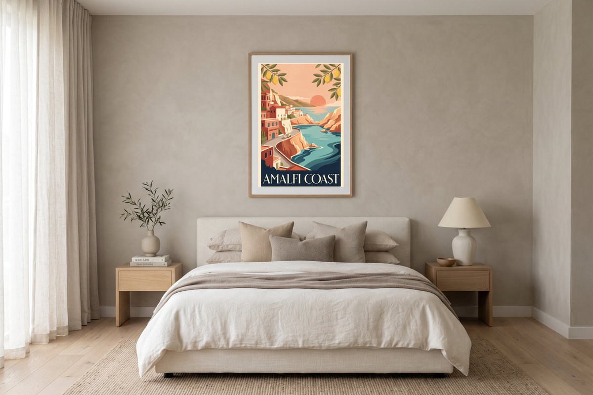 Classic coastal cliffside and convertible car art inspiring wanderlust above a modern desk