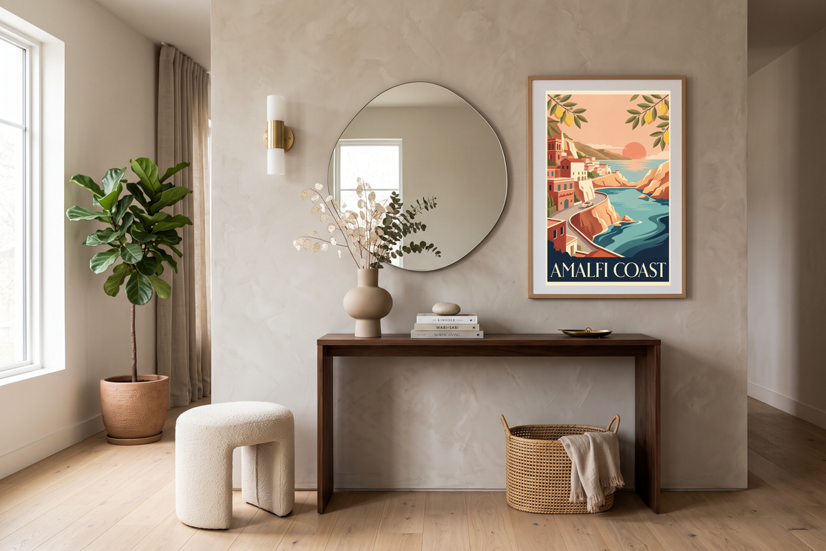 Mediterranean seaside and pastel villa artwork welcoming guests in a chic coastal entryway