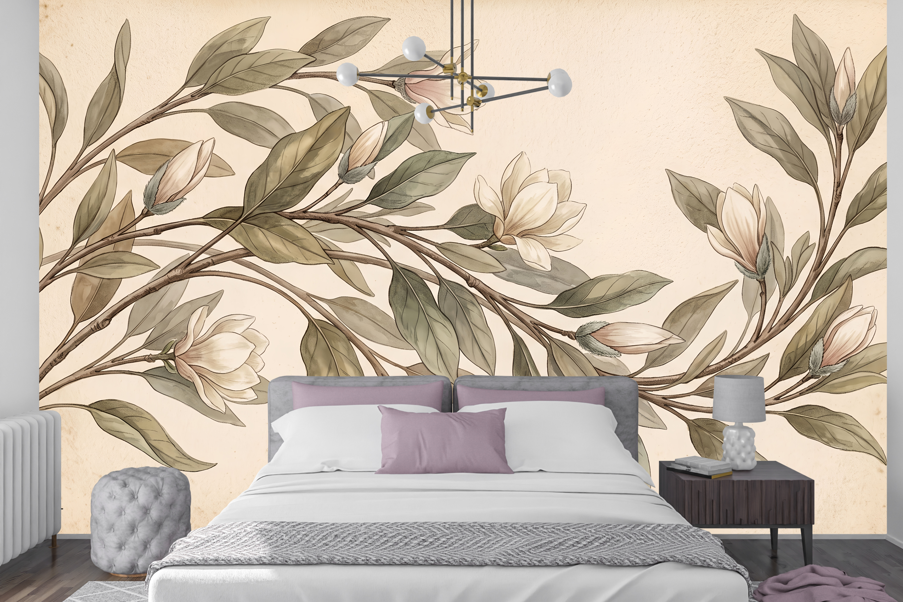 Distressed parchment botanical magnolia peel and stick wallpaper behind a vintage bed