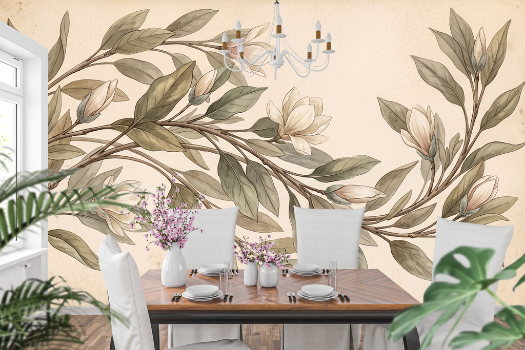 Classic heritage floral wall mural creating a sophisticated dining room accent