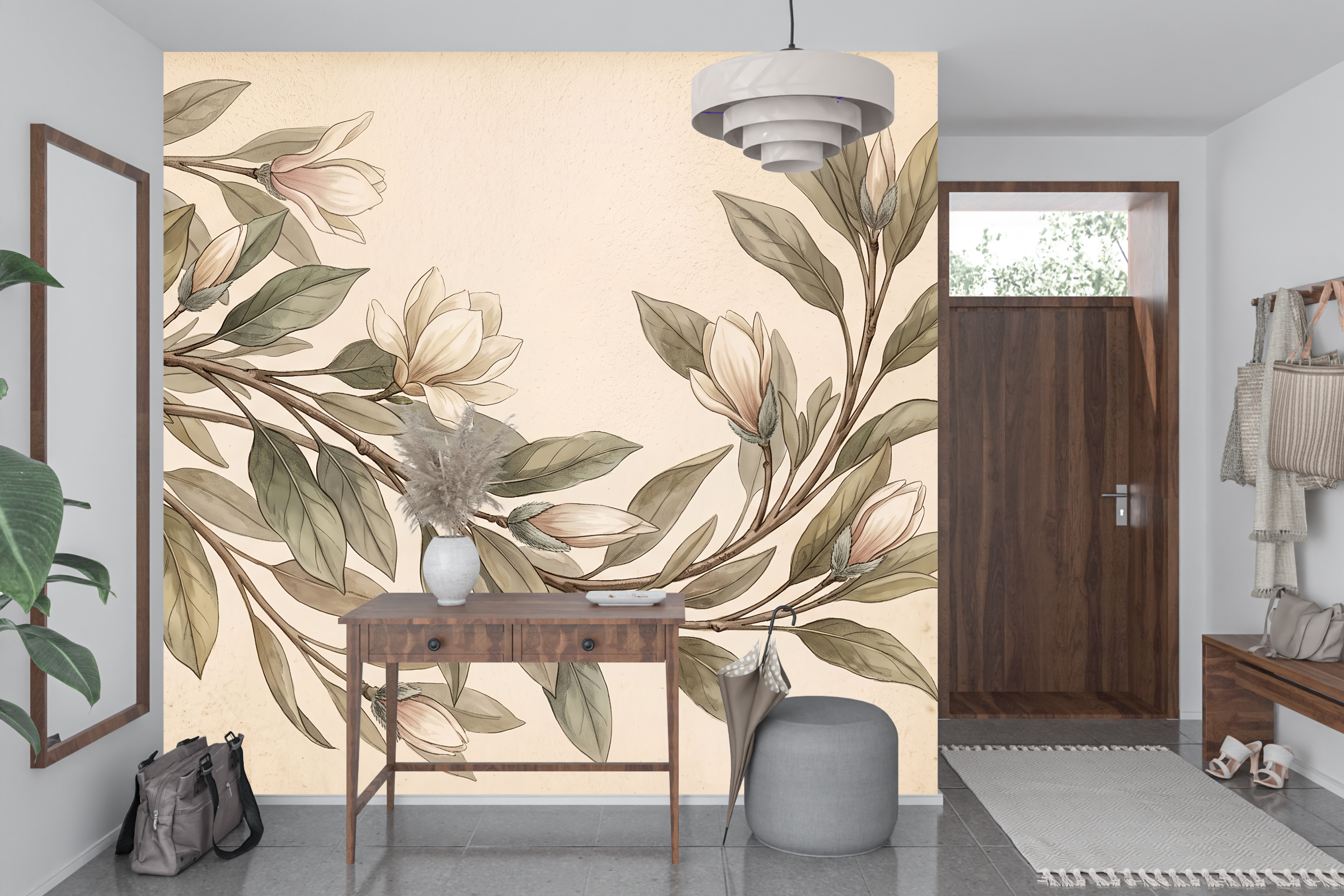 Antique botanical illustration wall mural transforming a rustic home library