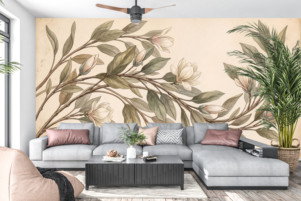 Vintage antique magnolia branch mural in an elegant traditional living room