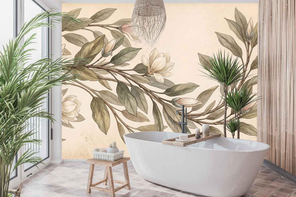Waterproof vinyl elegant vintage magnolia wallpaper applied in a classic powder room