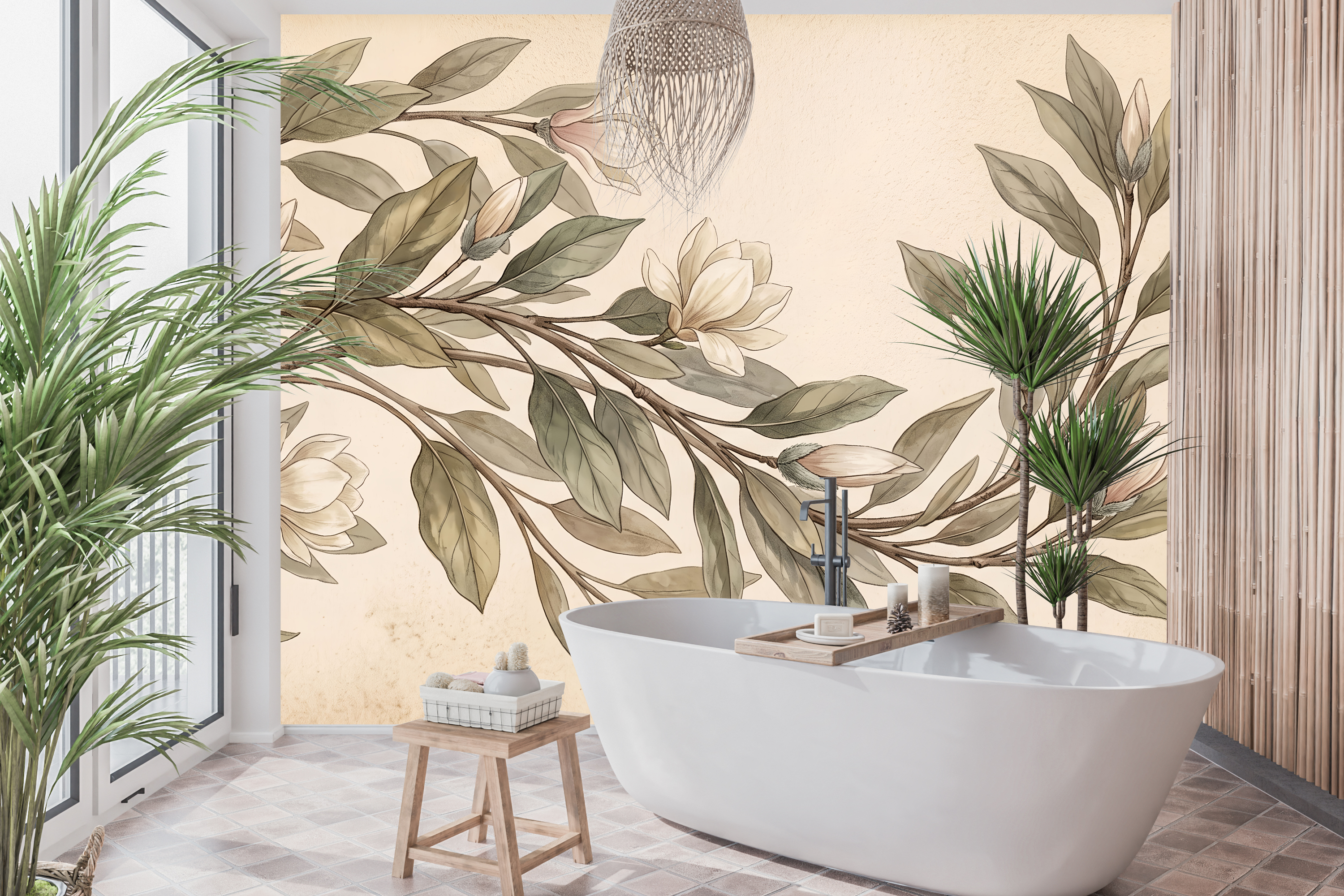 Waterproof vinyl elegant vintage magnolia wallpaper applied in a classic powder room