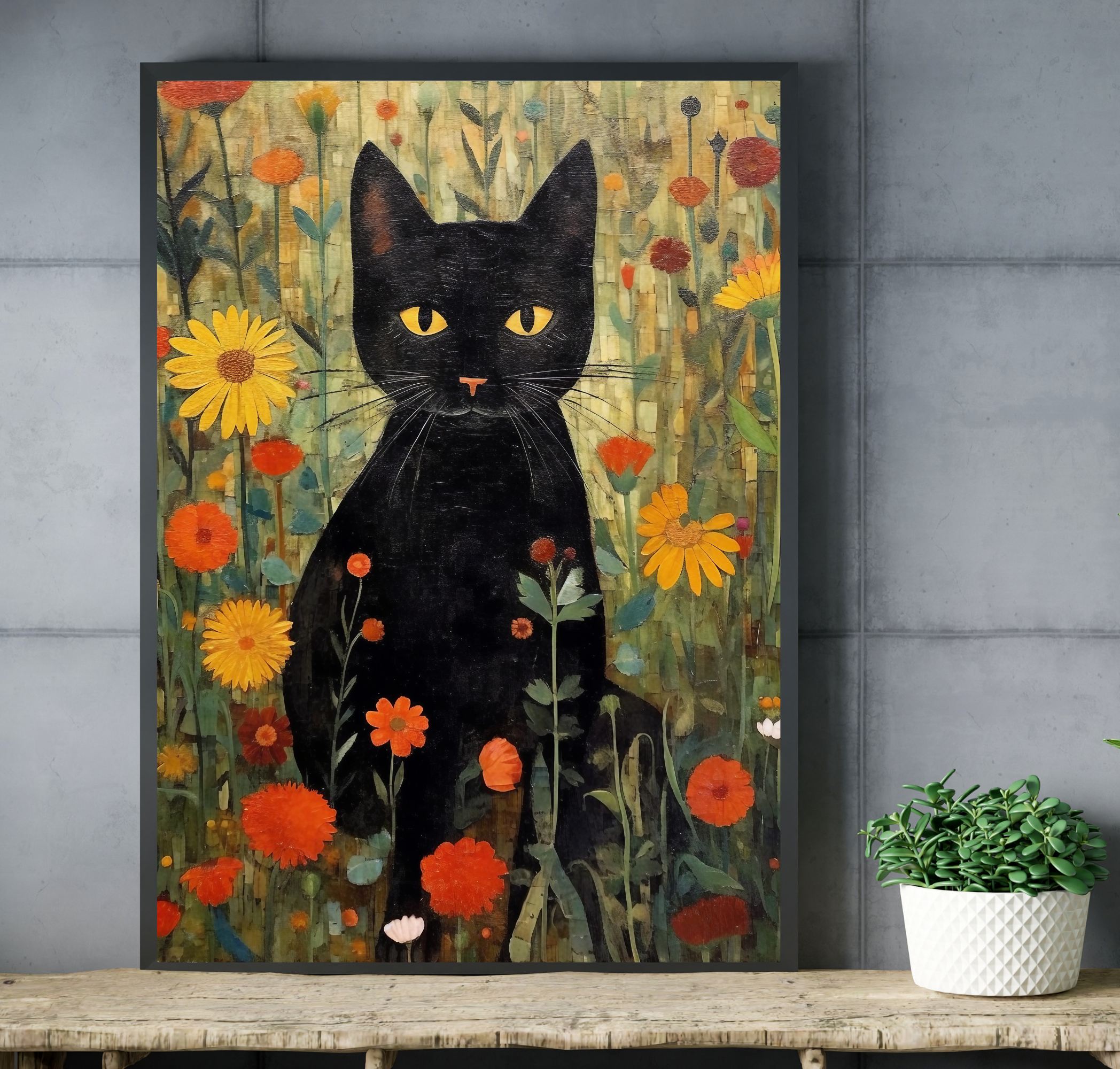 Vintage black cat and floral garden canvas print in a cozy, eclectic living room