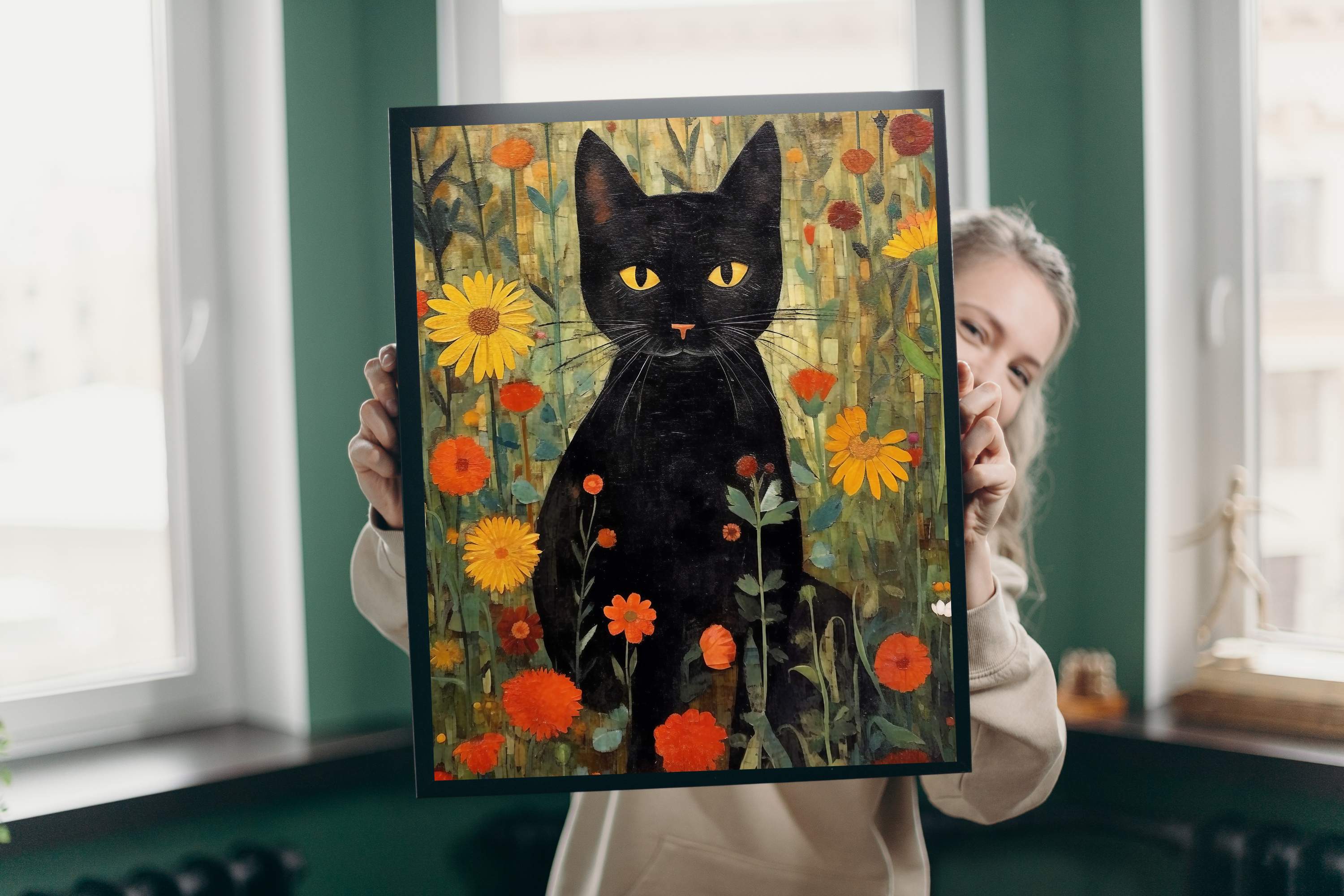 Detail view showing the vintage oil painting texture and vivid yellow eyes of the black cat art