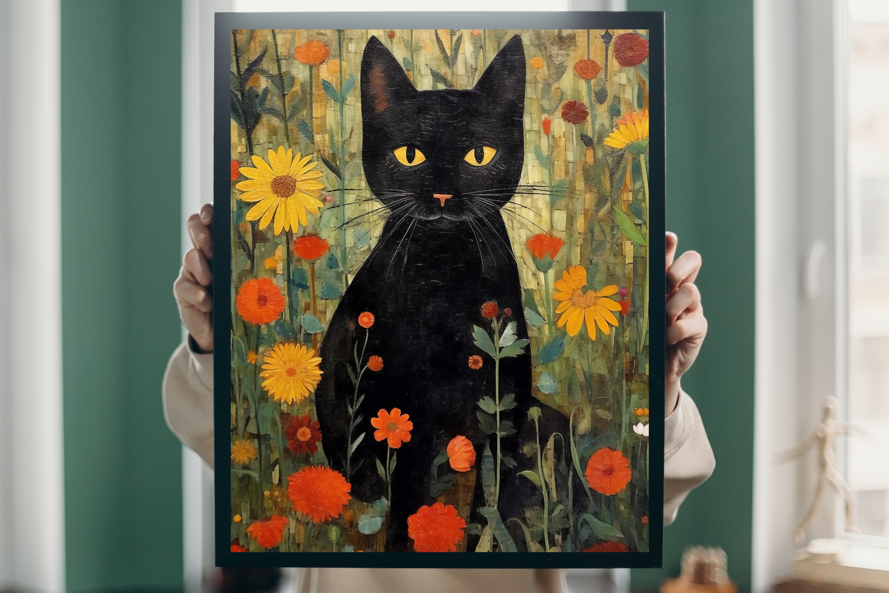 Whimsical folk art feline wall decor displayed above a cottagecore style bed