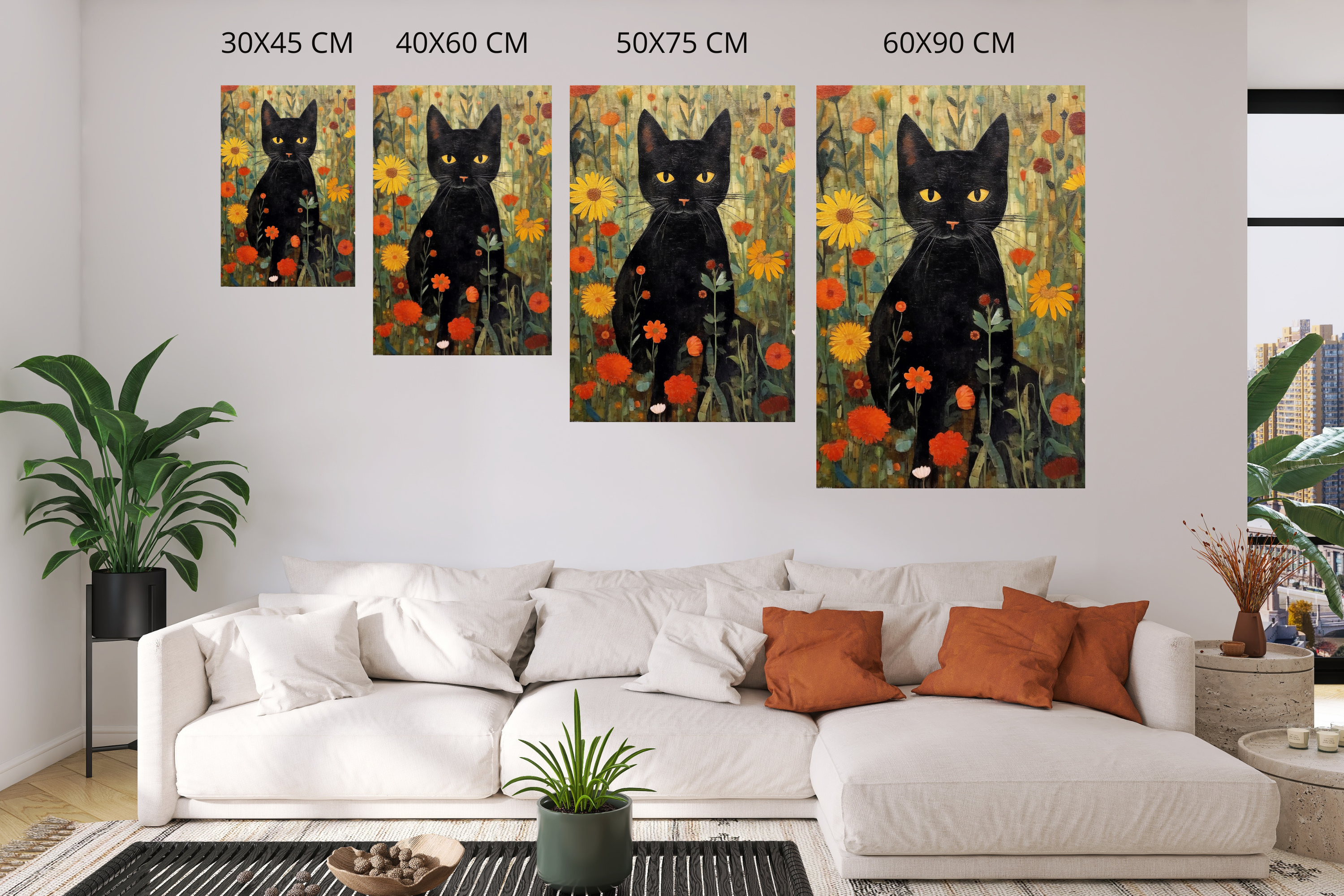 Vintage Black Cat in Floral Garden Canvas Print Whimsical Folk Art Feline Wall Decor