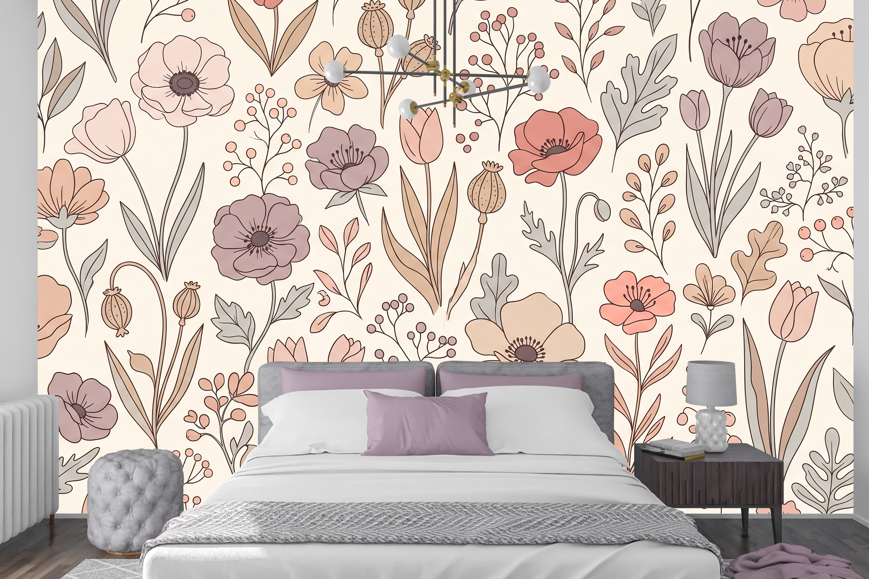 Dusty rose and sage green floral peel and stick wallpaper behind a vintage bed