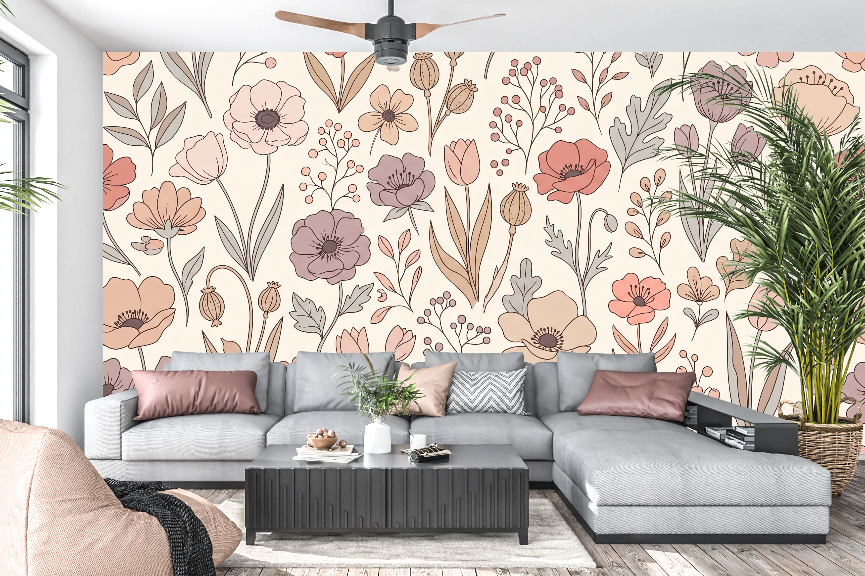 Pastel earthy wildflower pattern wall mural transforming a cozy craft room