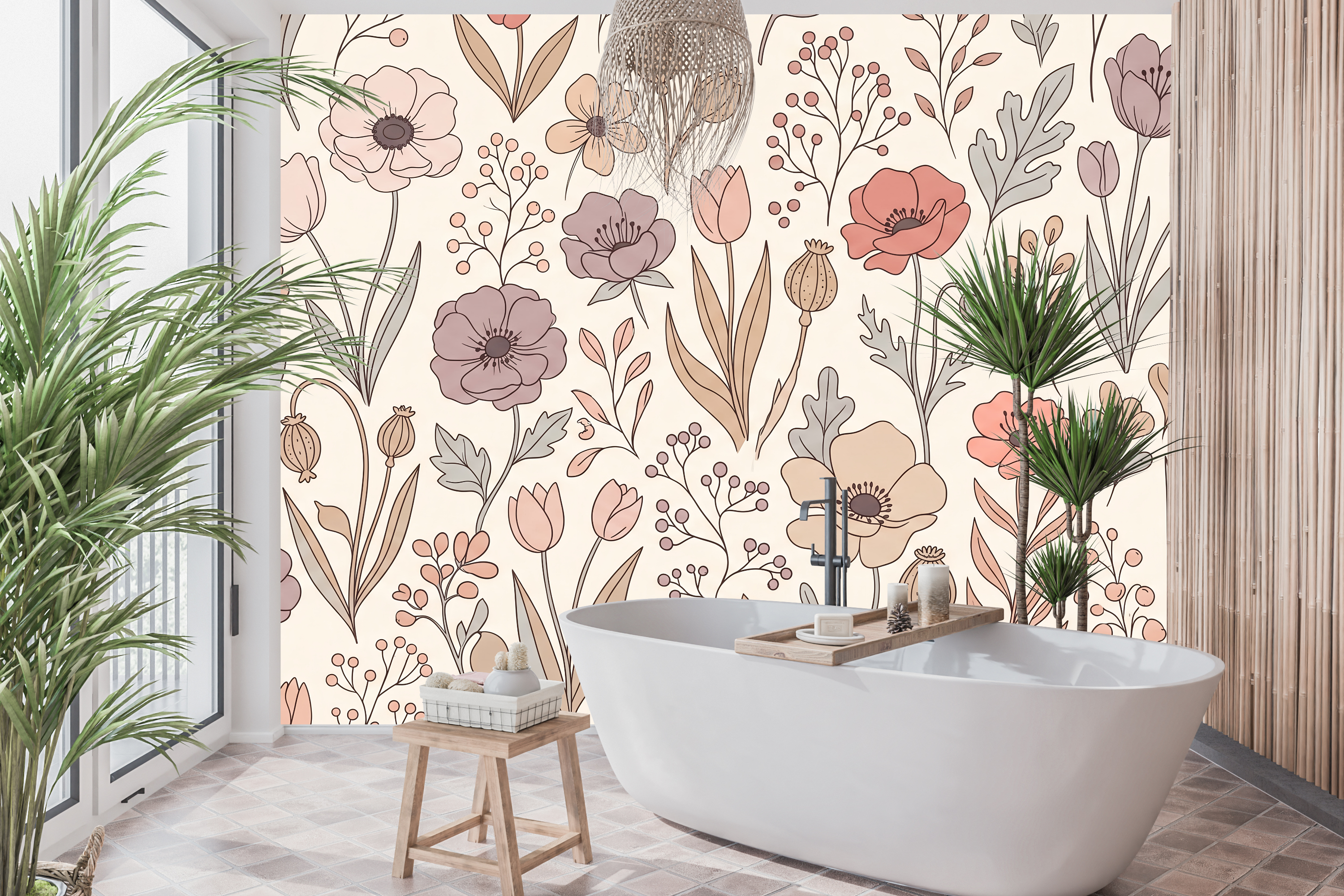 Waterproof vinyl delicate floral wallpaper applied in a boho powder room