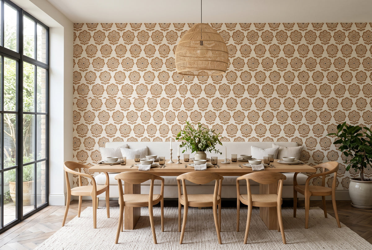 Brown and cream botanical wallpaper with decorative symmetrical flower motifs