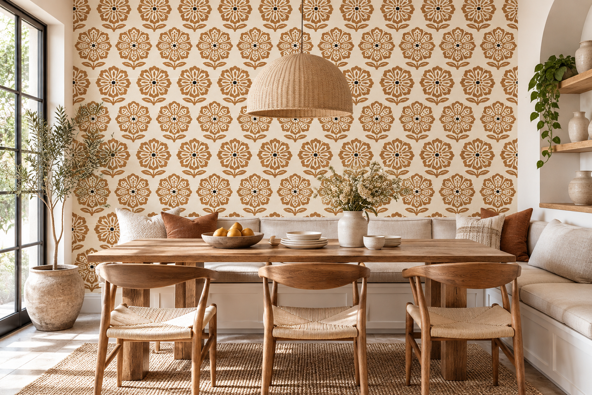 Vintage brown floral wallpaper with ochre flowers and navy centres on cream