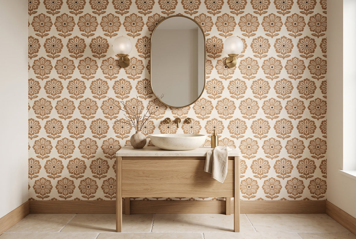 Repeating retro floral wallpaper pattern in caramel brown and textured ivory