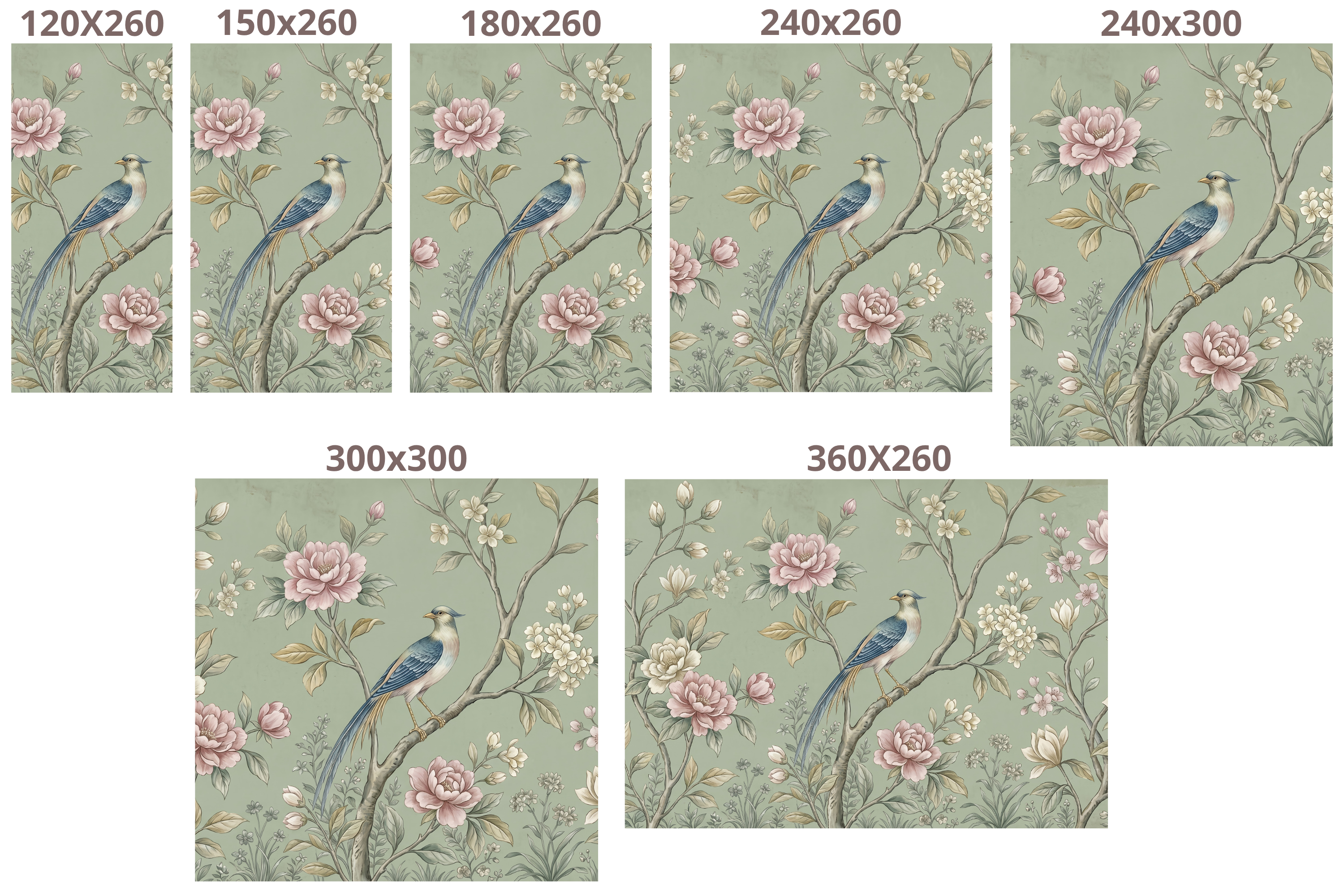 Vintage Chinoiserie Bird & Peony Wall Mural Elegant Sage Green Botanical Wallpaper