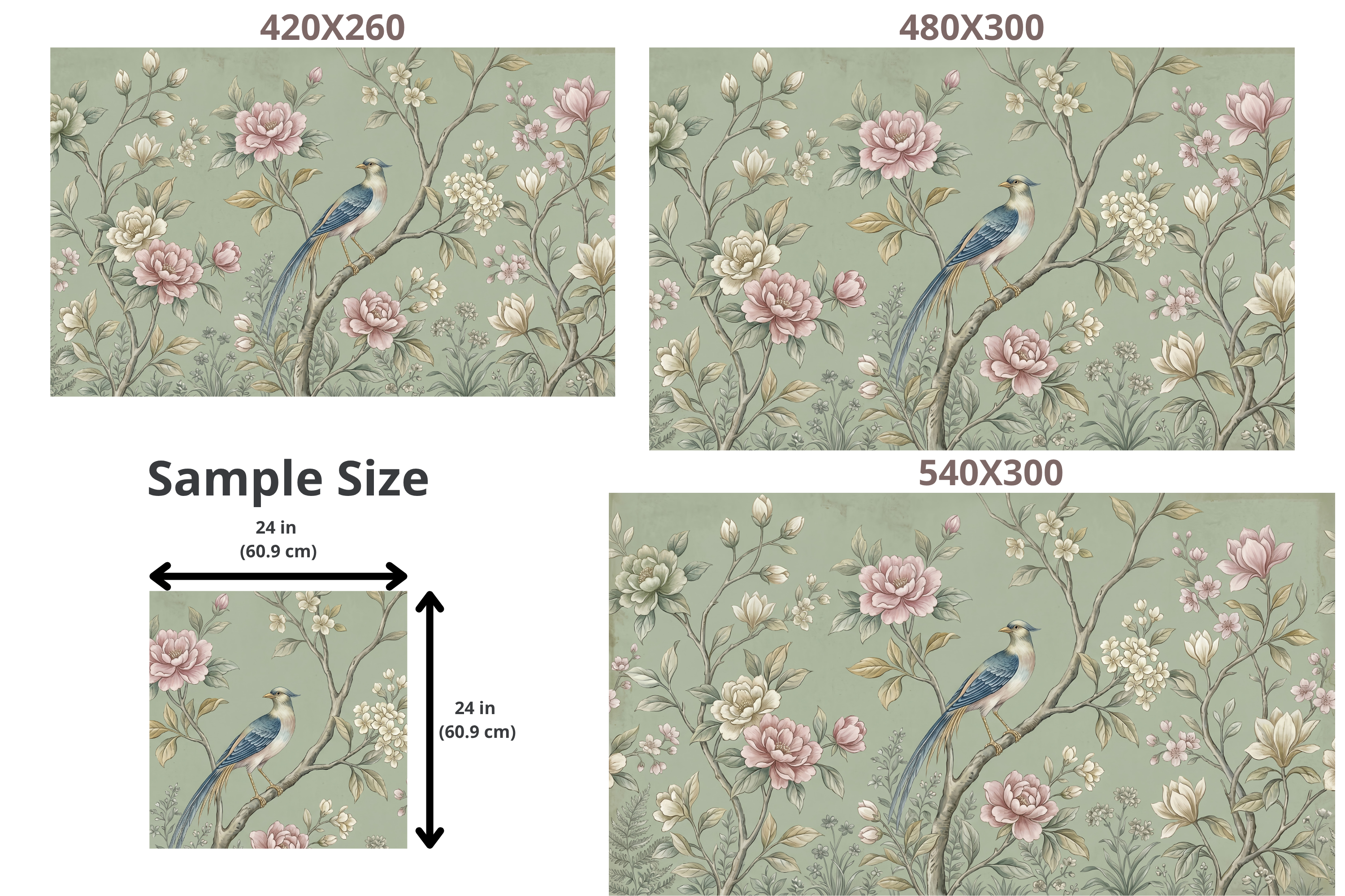 Vintage Chinoiserie Bird & Peony Wall Mural Elegant Sage Green Botanical Wallpaper
