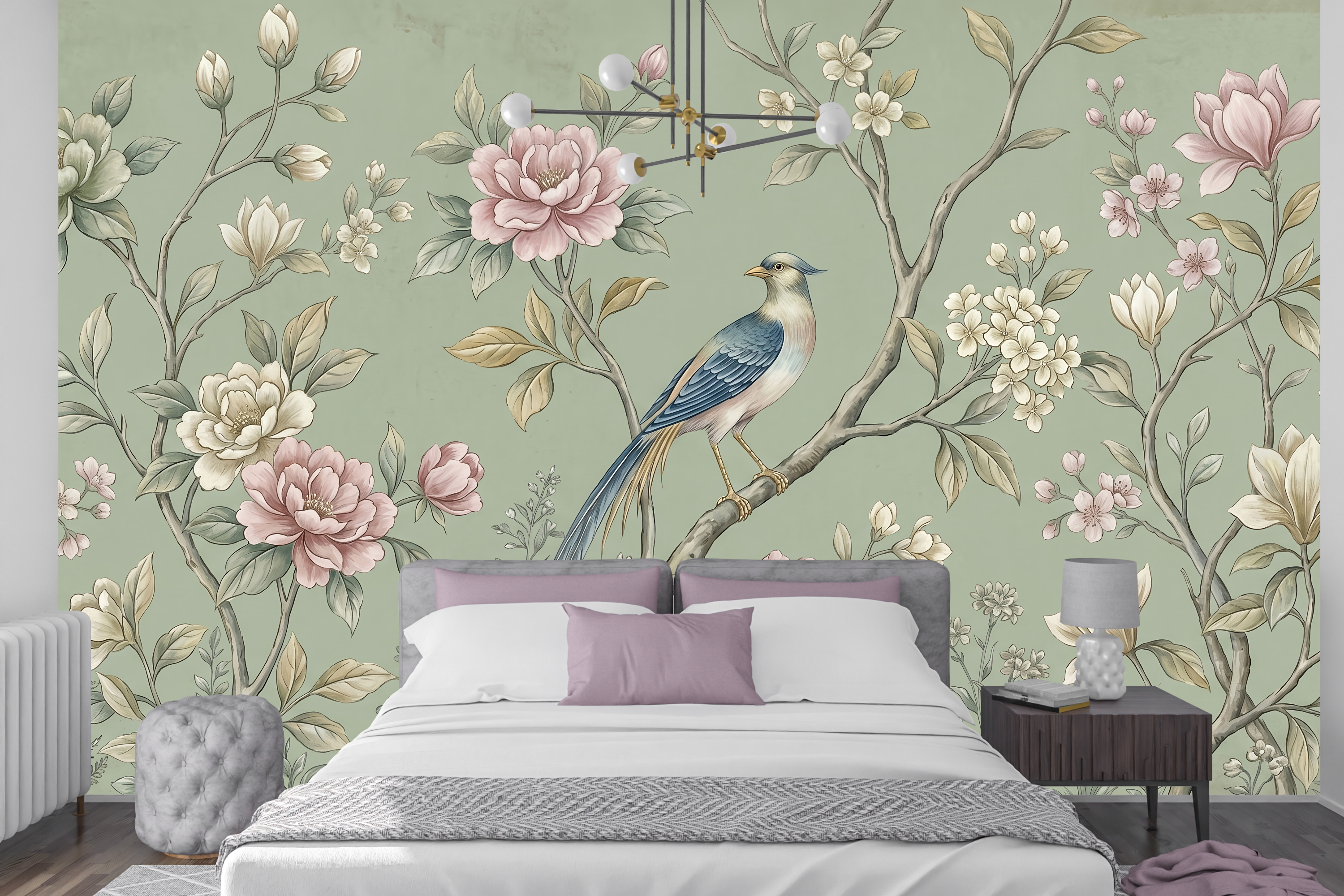 Sage green floral and bird peel and stick wallpaper behind a vintage bed