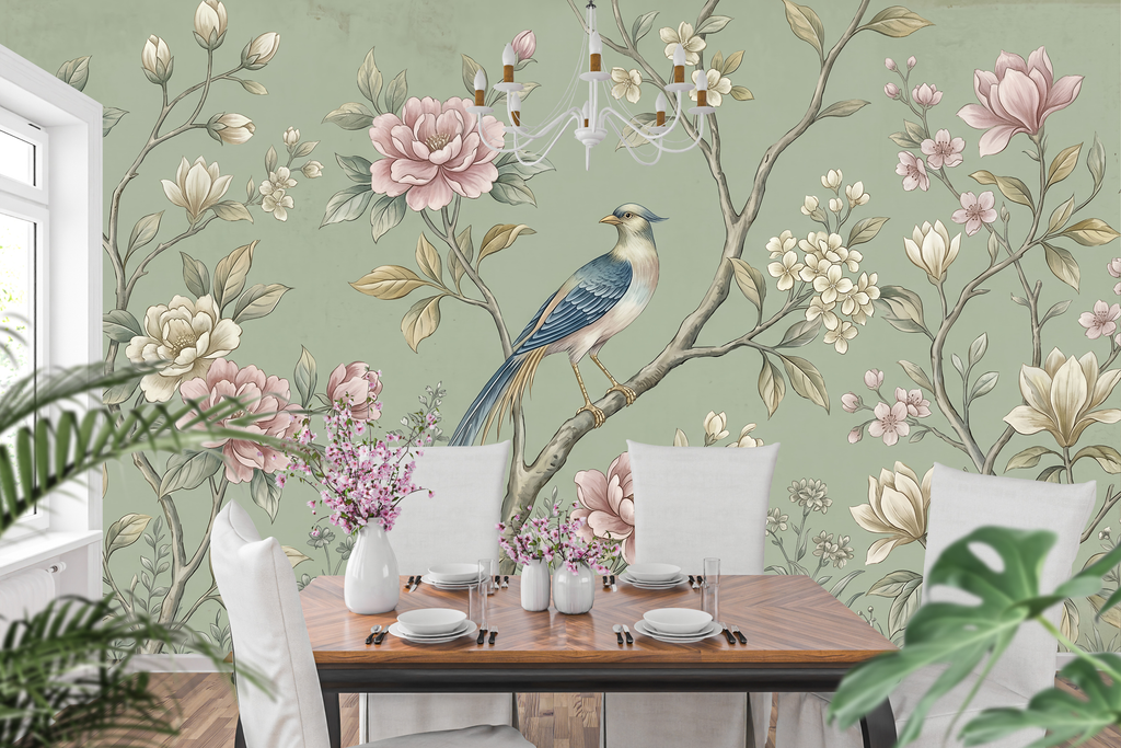 Vintage Chinoiserie bird and peony mural in an elegant traditional dining room