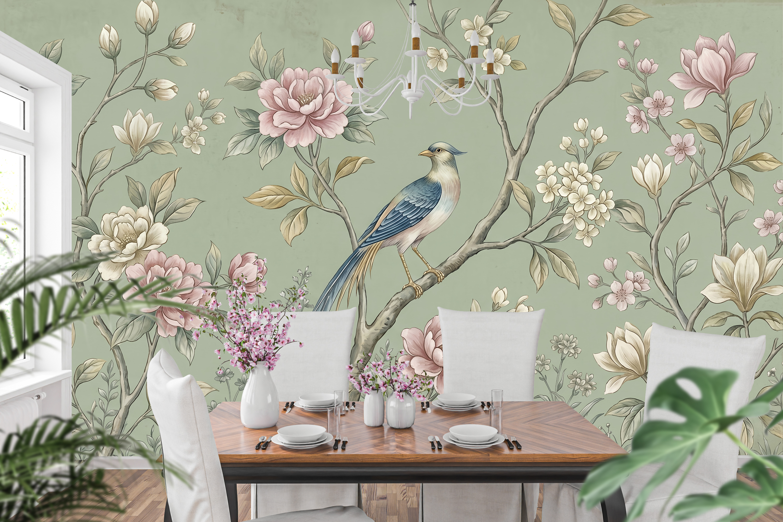 Vintage Chinoiserie bird and peony mural in an elegant traditional dining room
