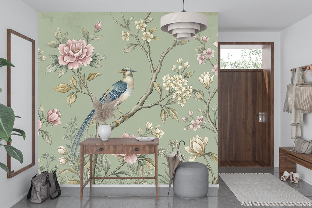 Elegant twisting branches and magnolia wall mural transforming a chic entryway