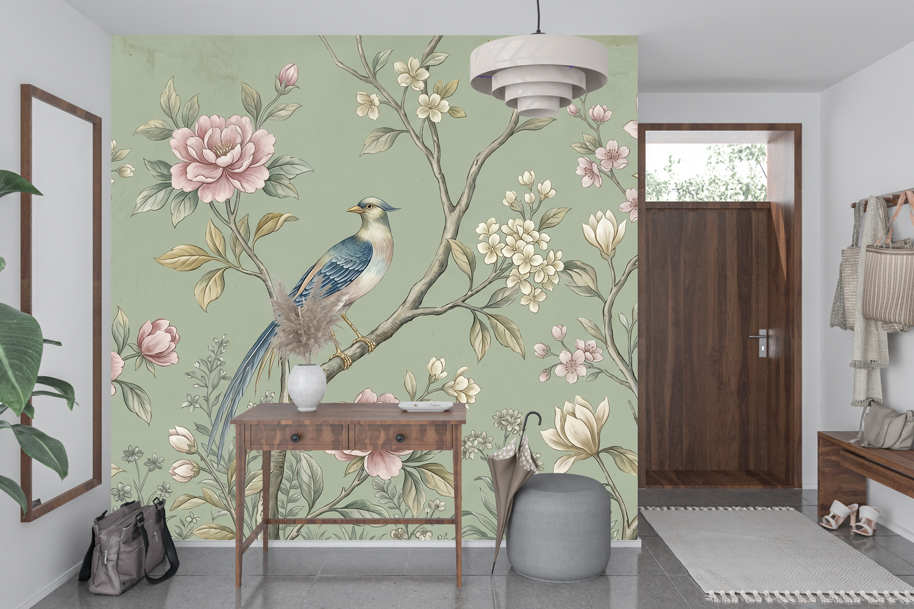 Elegant twisting branches and magnolia wall mural transforming a chic entryway