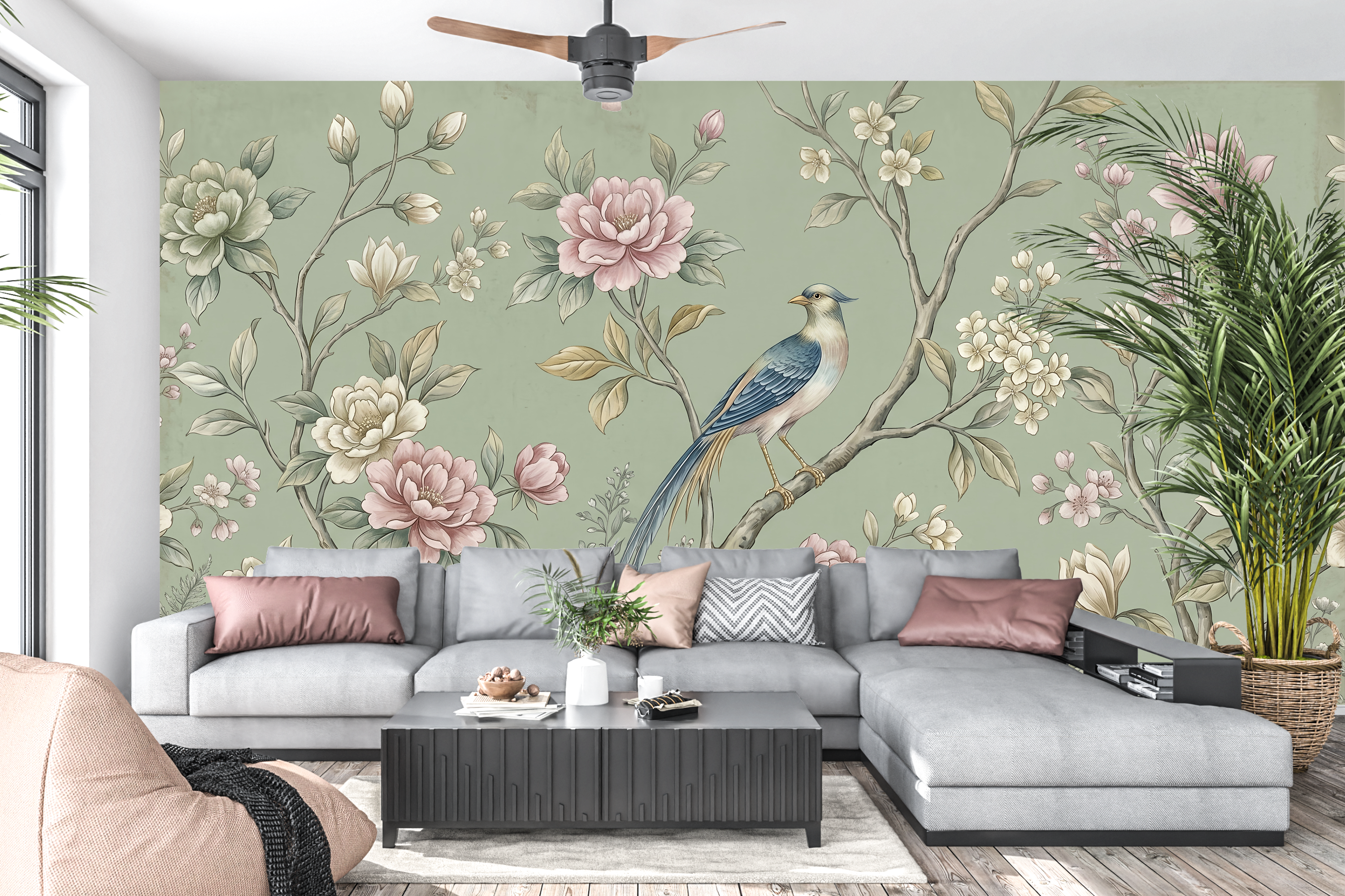 Classic English garden flower wall mural creating a sophisticated living room accent