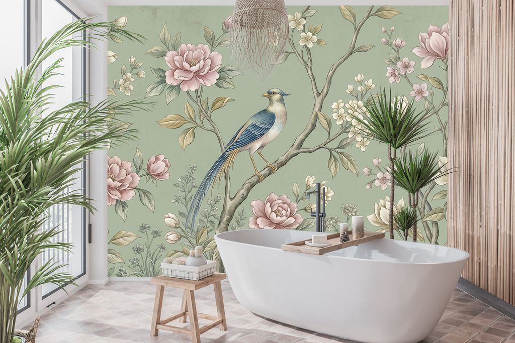 Waterproof vinyl romantic botanical and bird wallpaper applied in a vintage powder room