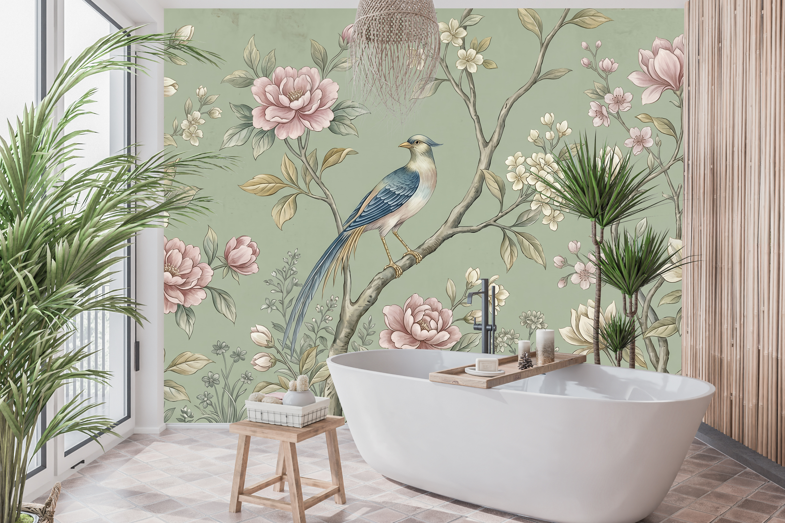 Waterproof vinyl romantic botanical and bird wallpaper applied in a vintage powder room