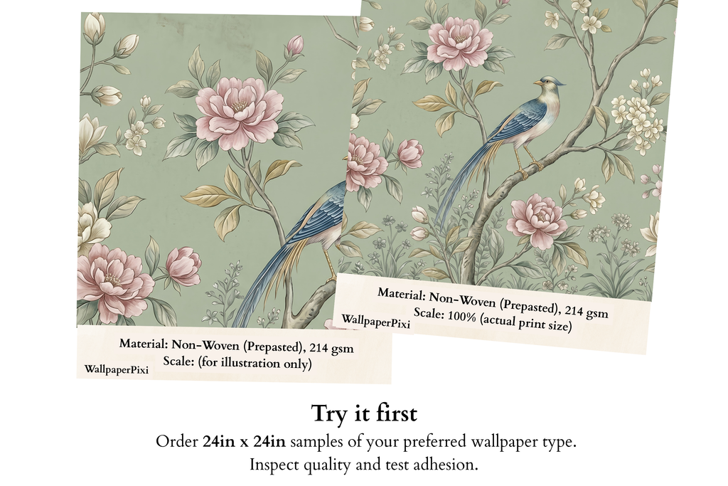 Vintage Chinoiserie Bird & Peony Wall Mural Elegant Sage Green Botanical Wallpaper