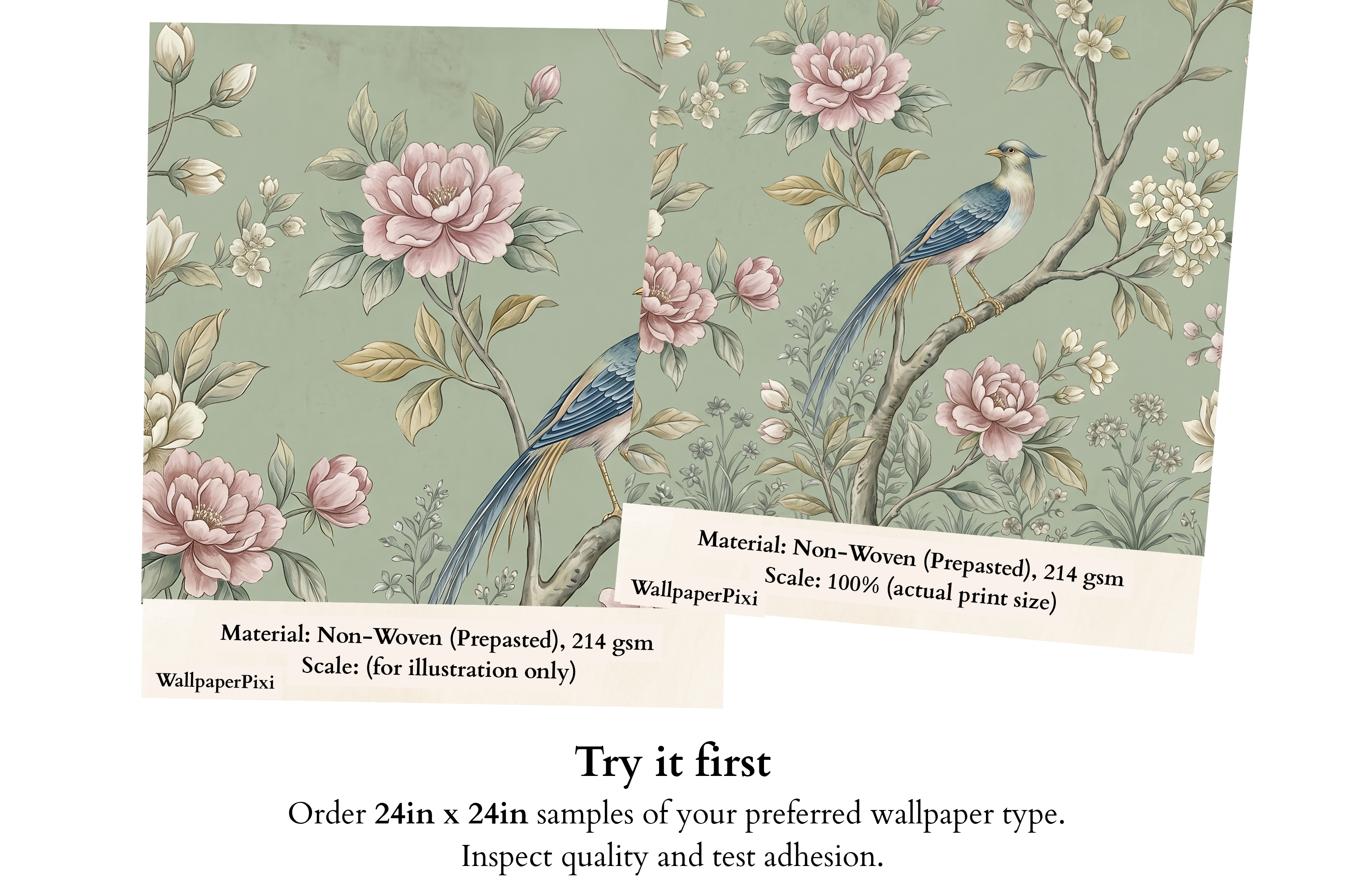 Vintage Chinoiserie Bird & Peony Wall Mural Elegant Sage Green Botanical Wallpaper